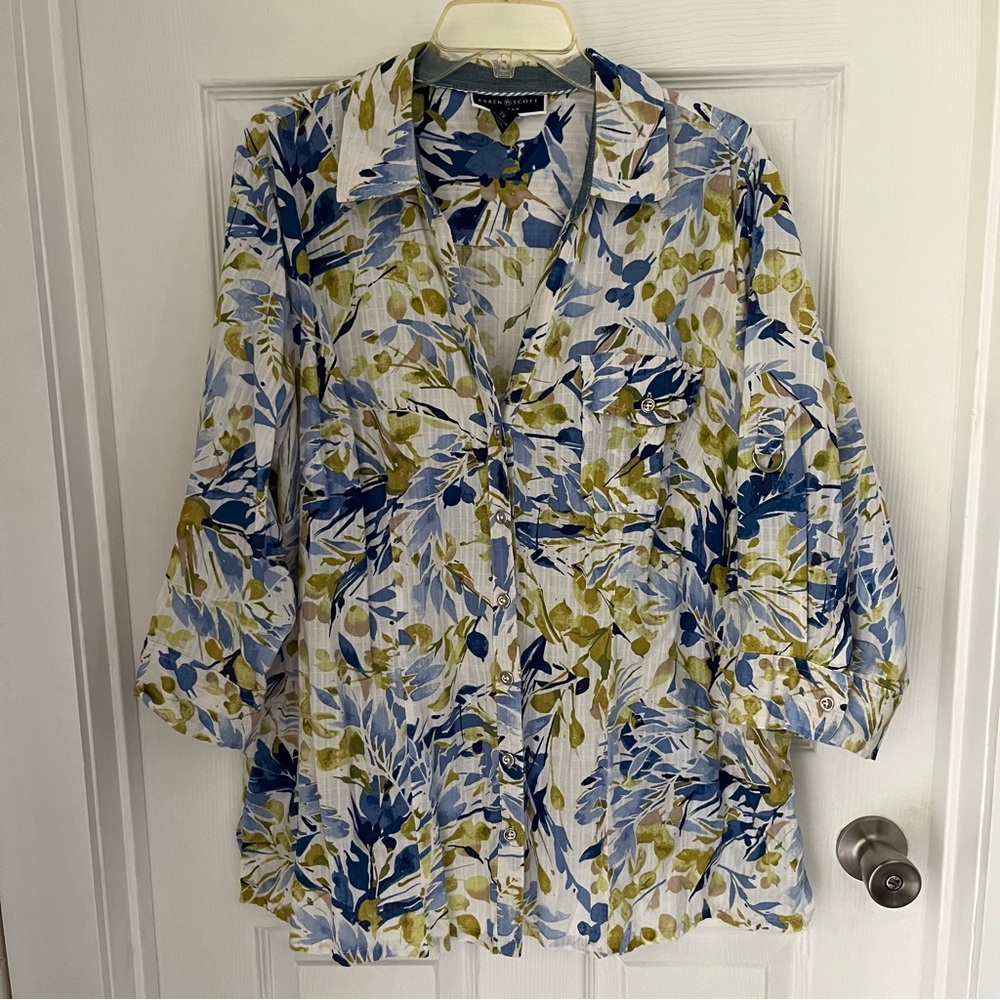 Karen Scott Plus 100% Cotton Blue and Green Floral Blouse 2X